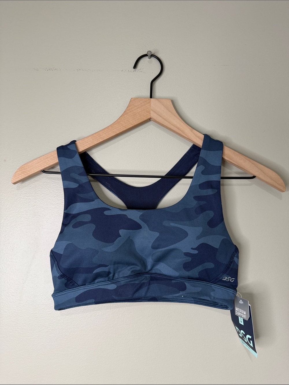 NWT DSG Blue Camo Racerback Sports Bra Medium Support XS
